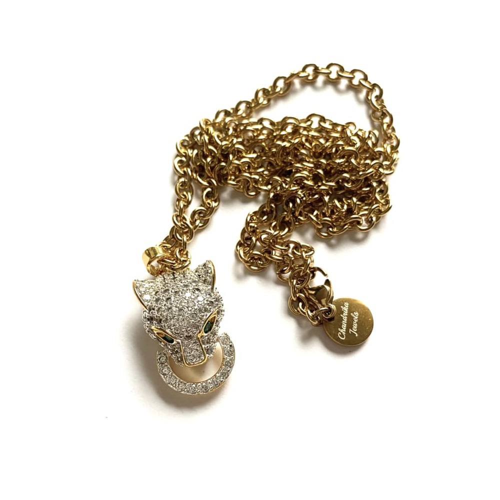 Thick panther pendant in anchor chain, 4 mm thick, Steel/gold