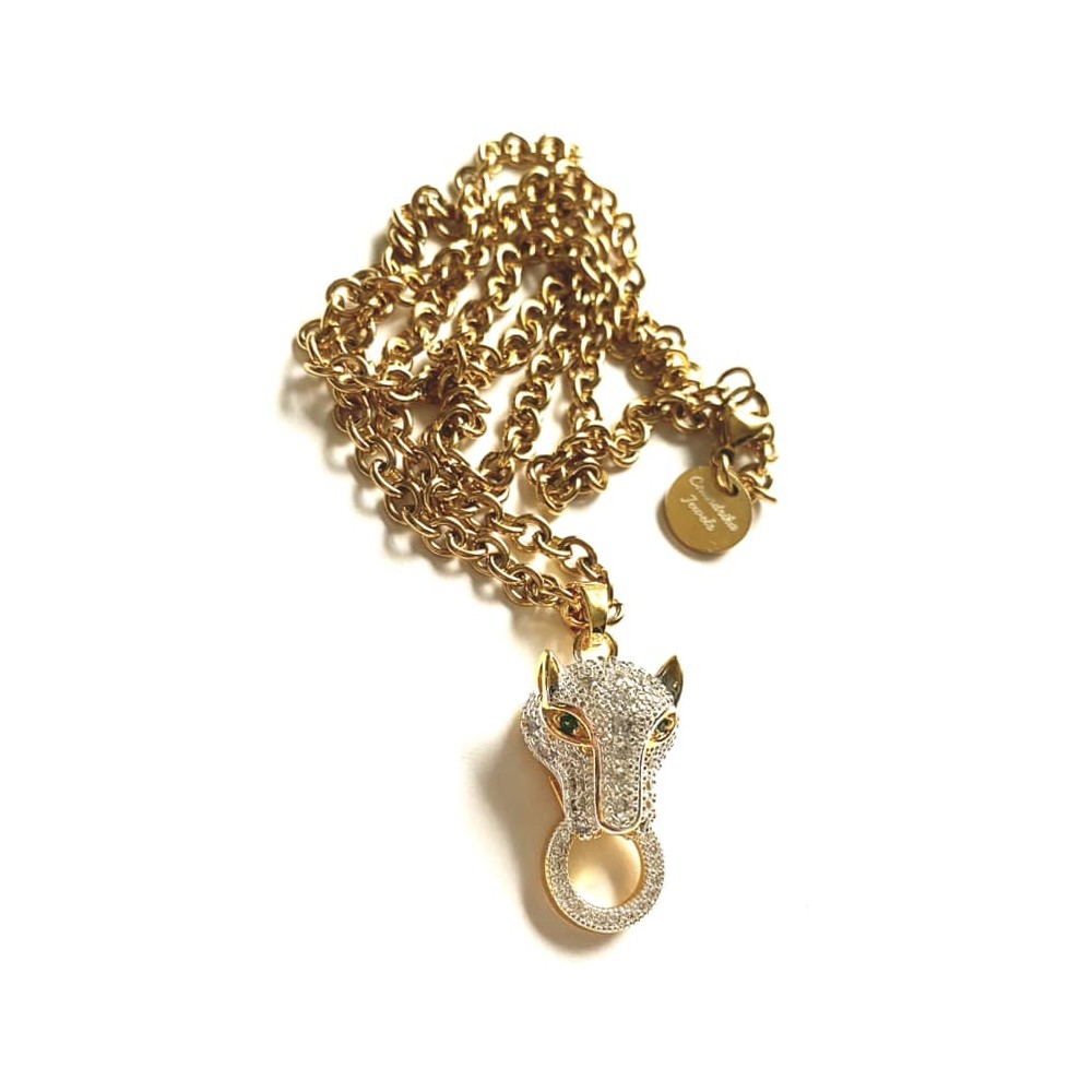 panther pendant in anchor chain, 4 mm thick, Steel/gold