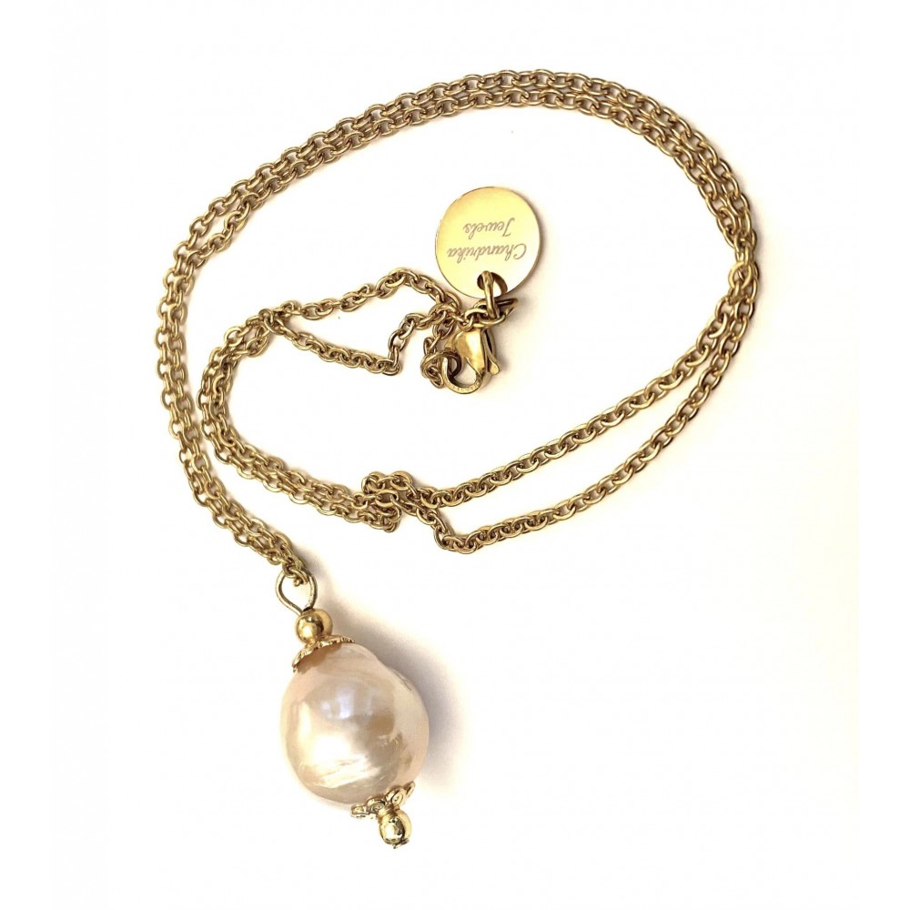 Baroque 2 cm pink Pearl with steel chain/gold