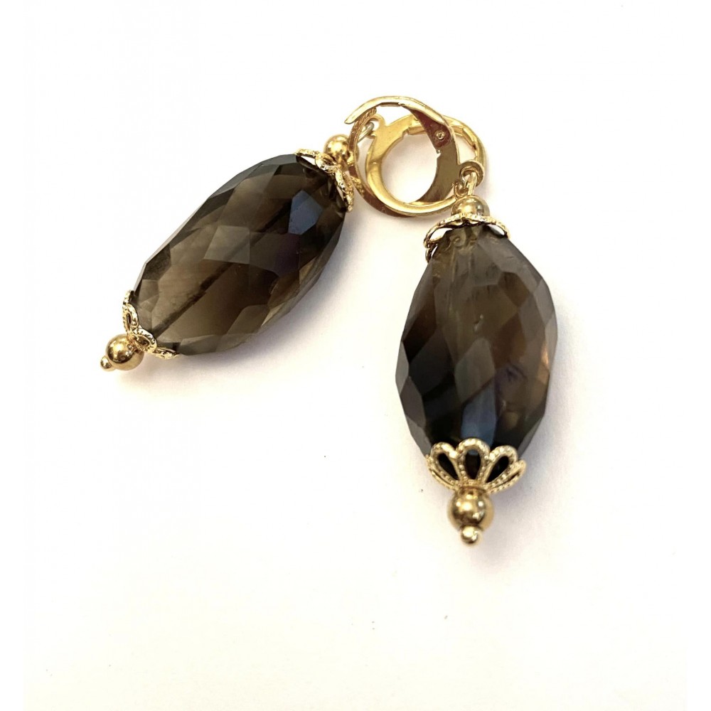 Large dark smoky quartz earrings,  3.5 cm. Steel/gold