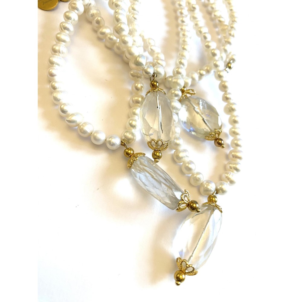 5-6 mm Pearl chain with beautiful quartz pendant. Choose length.. Steel/gold