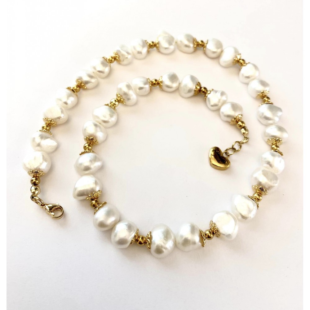 10-11 mm white freshwater pearl chain.  select length. Steel/gold