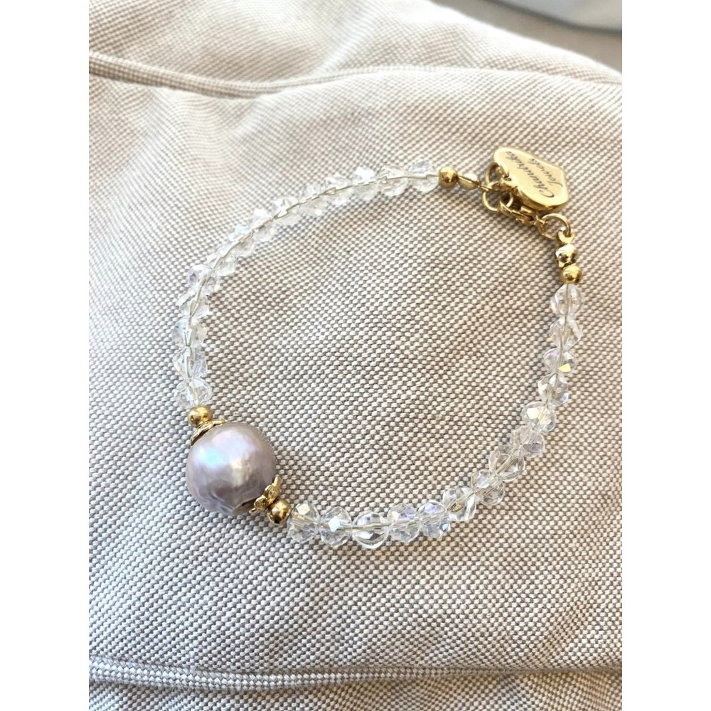 4 mm chrystal bracelet with big barok pearl.Choose length. Steel/gold