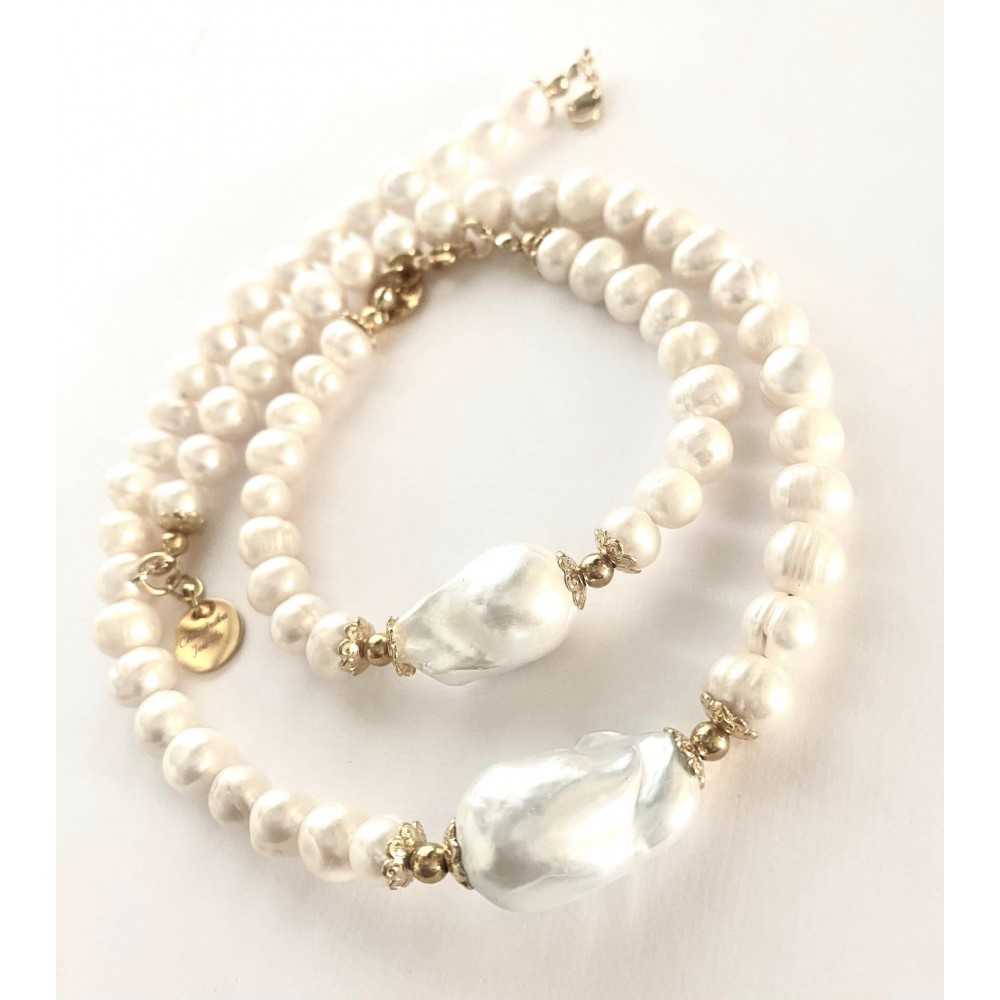 7-8 mm white freshwater pearl chain with. ig barok Choose length. Steel/gold