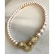 10 mm Cold  pink south sea shell pearl chain. With big panther lock.Steel/gold