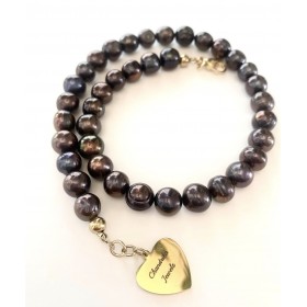 11 mm black freshwater pearl chain. Steel/gold