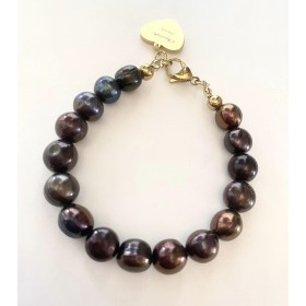 11 mm large coffee freshwater pearl bracelet. Steel/gold