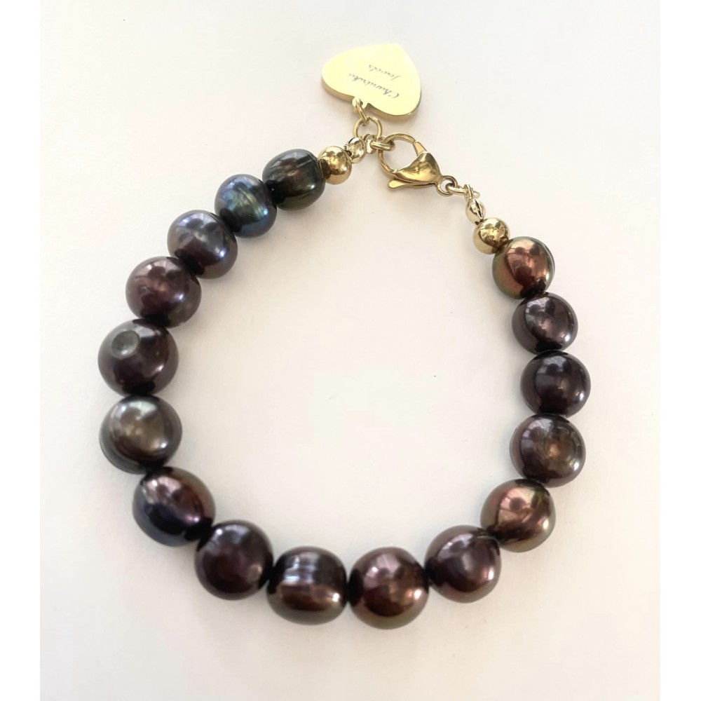 11 mm large coffee freshwater pearl bracelet. Steel/gold